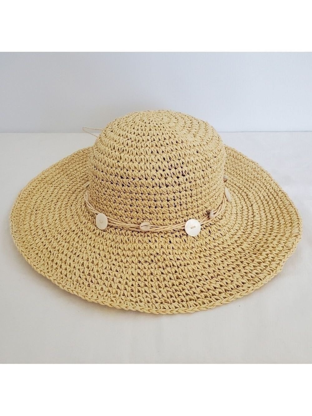 STRAND HEADWEAR WOMEN SUN HAT FLOPPY RAFFIA STRAW PUCA SHELLS BUTTONS COACHELLA